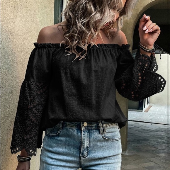 Boho Off Shoulder Eyelet Embroidery Frill Top Blouse White - Picture 8 of 15